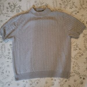Sag Harbor Womens Mock Neck Top Sz L Metallic Silver Gray Short Sleeve Knit Soft